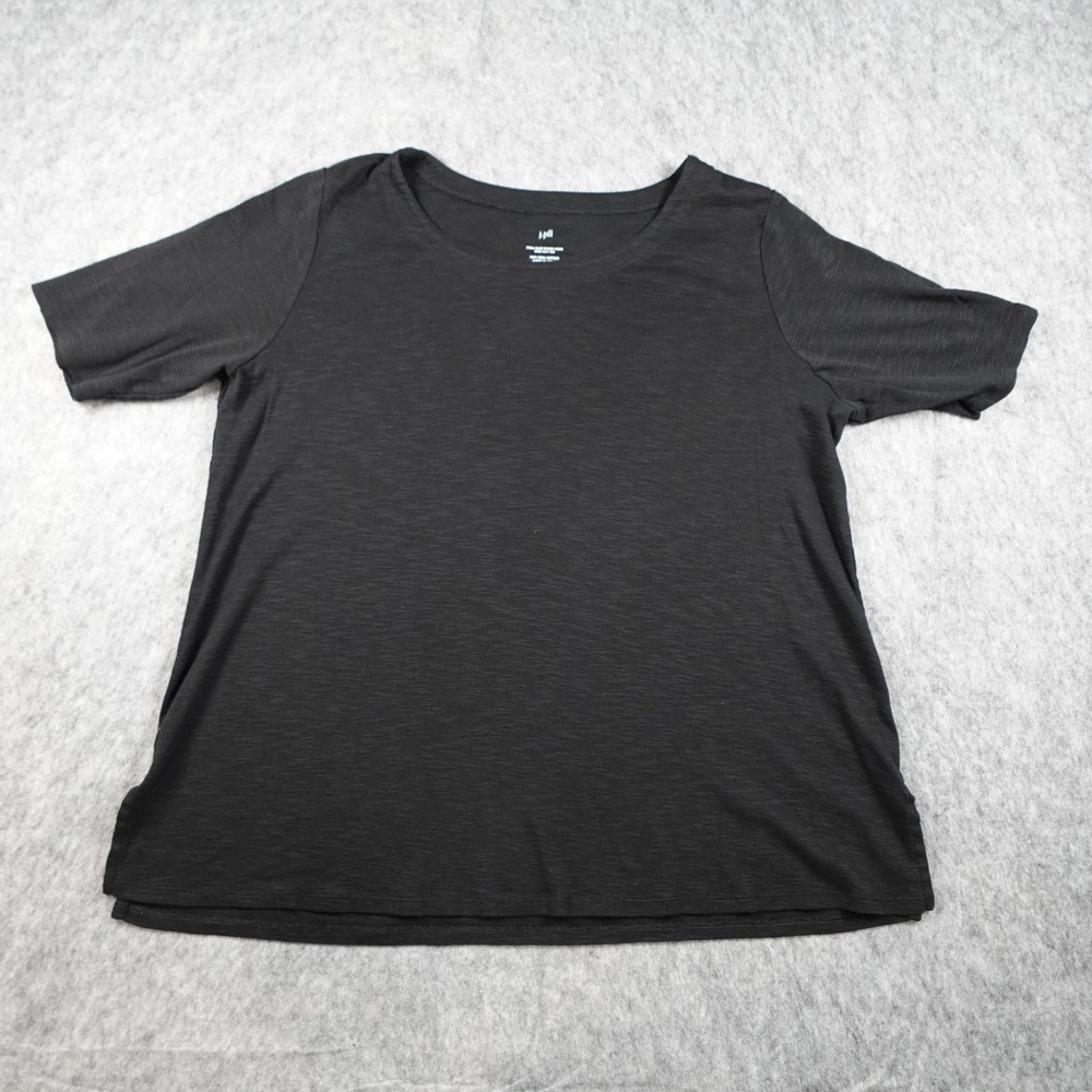 J Jill Top Womens Large Black Pima Slub‎ Scoop Neck Side Slit Tee Short Sleeve